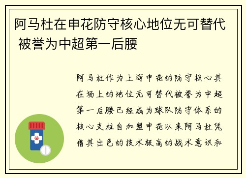 阿马杜在申花防守核心地位无可替代 被誉为中超第一后腰